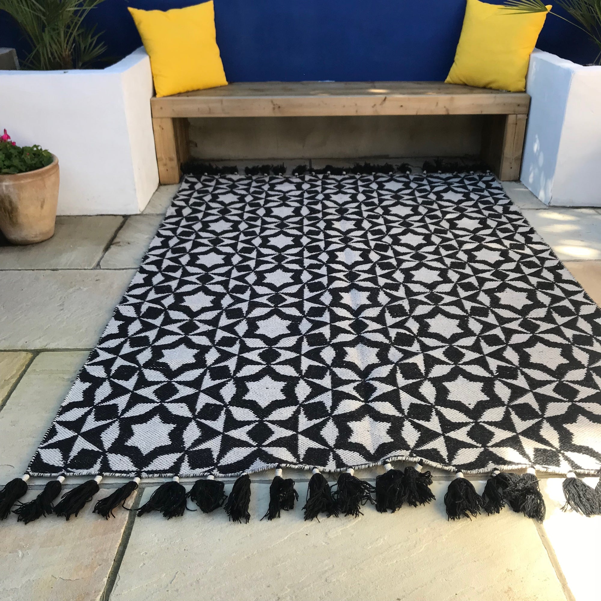 Premium monochrome flat weave rug, handmade in India, pure wool, geometric design, neutral tones, large edge tassels, 170x240cm by Maria Starling Design at brixbailey.com