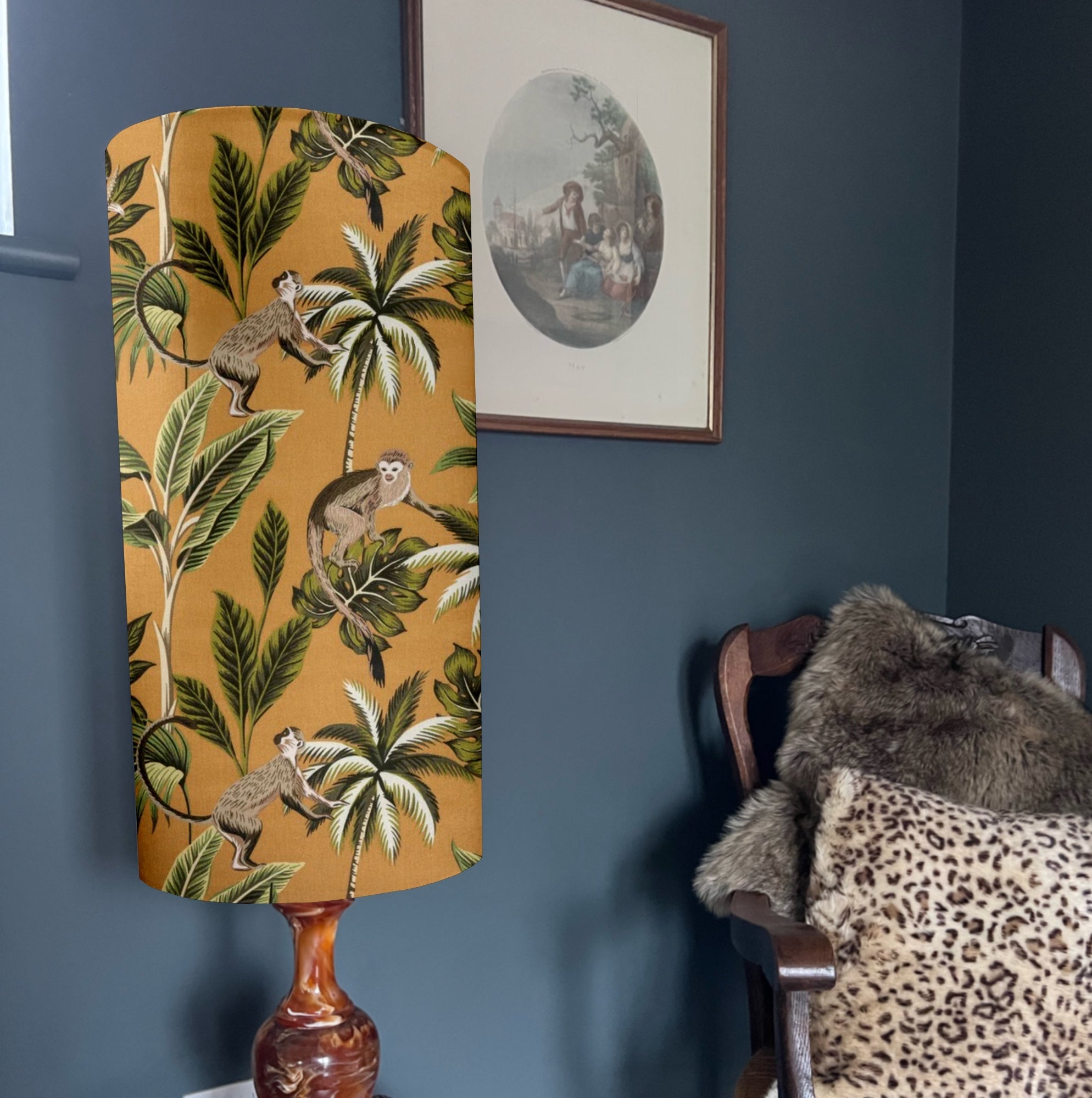 Jungle Monkey Mustard Cotton Lampshade | Extra Tall Cylinder Ceiling Light Shade | Bespoke Handmade UK
