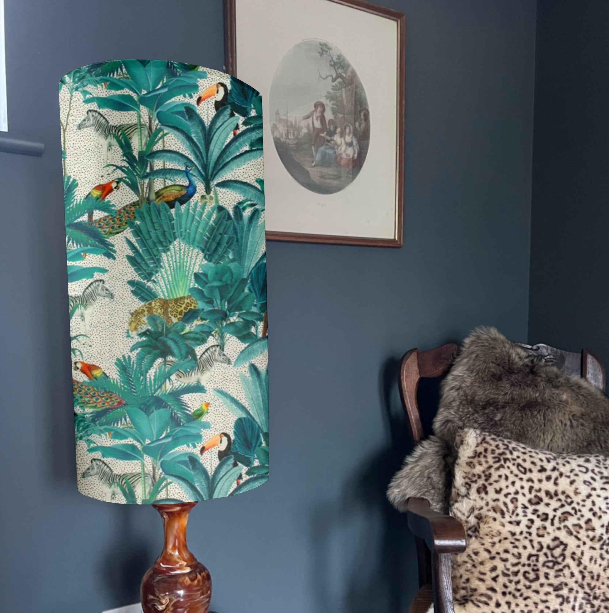 Jungle Velvet cylinder lampshade, in white, extra tall lampshade