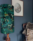 Jungle Velvet cylinder lampshade, in black, extra tall lampshade