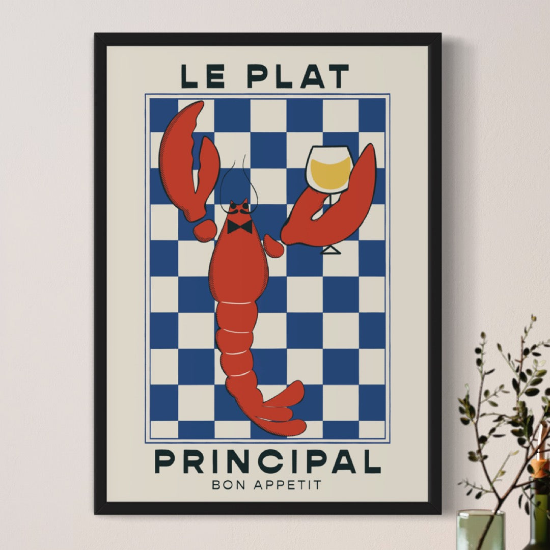 Lobster art print, premium home decor, luxury framed wall art, stylish kitchen decor, best-selling UK print, A1 A2 A3 A4 A5 sizes by Little Egret Design at brixbailey.com