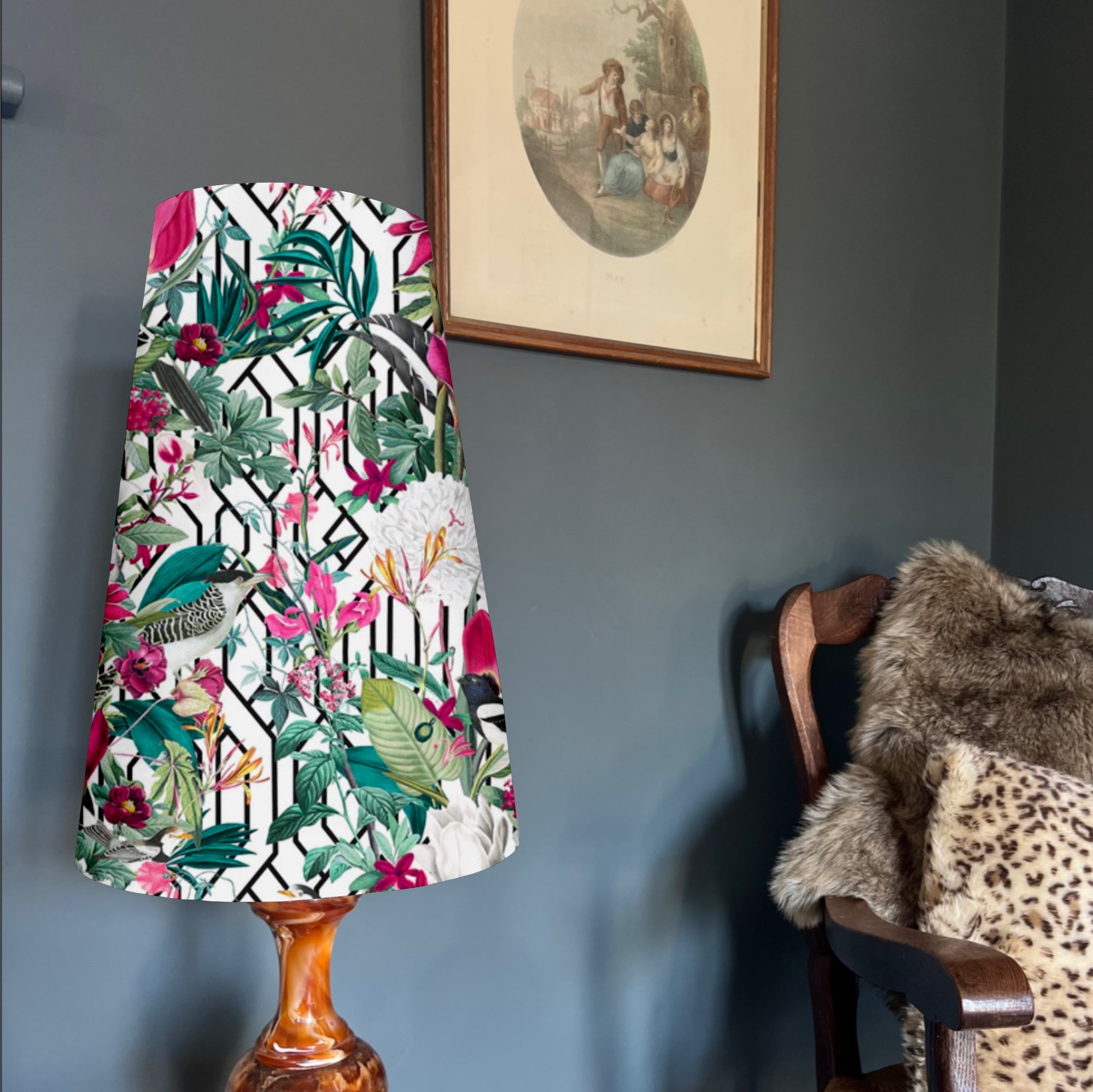 Botanical, geometric white velvet cone lampshade, extra tall lampshade