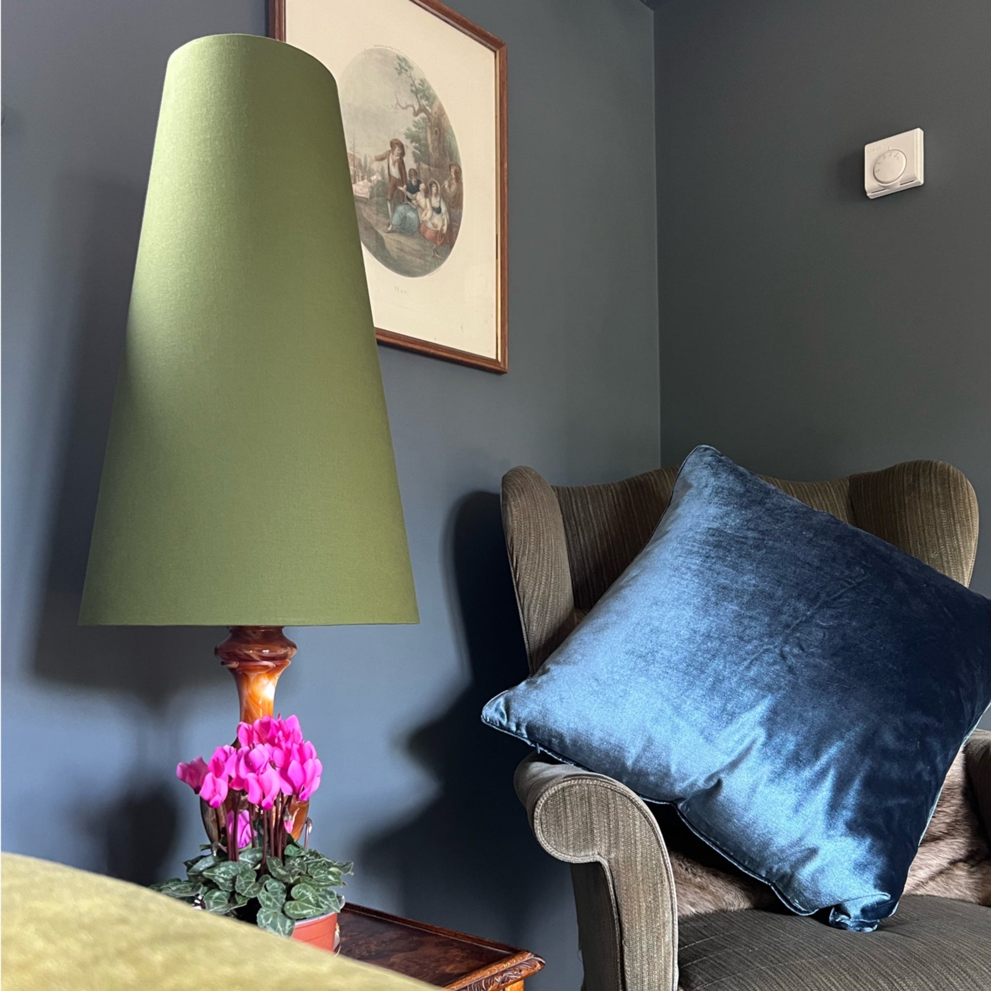 Olive Green Cotton Lampshade | Extra Tall Cone Light Shade | Bespoke Handmade UK