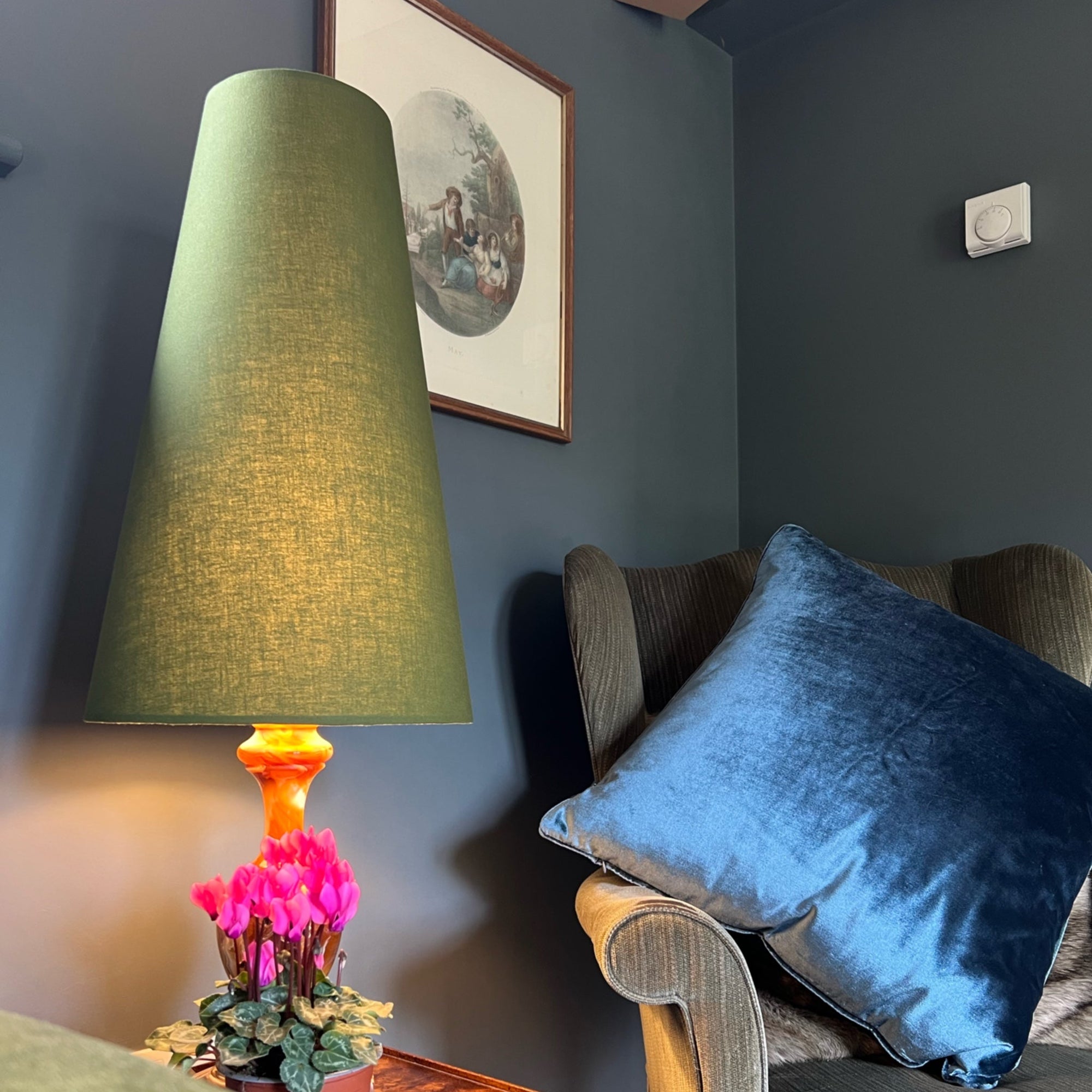 Olive Green Cotton Lampshade | Extra Tall Cone Light Shade | Bespoke Handmade UK