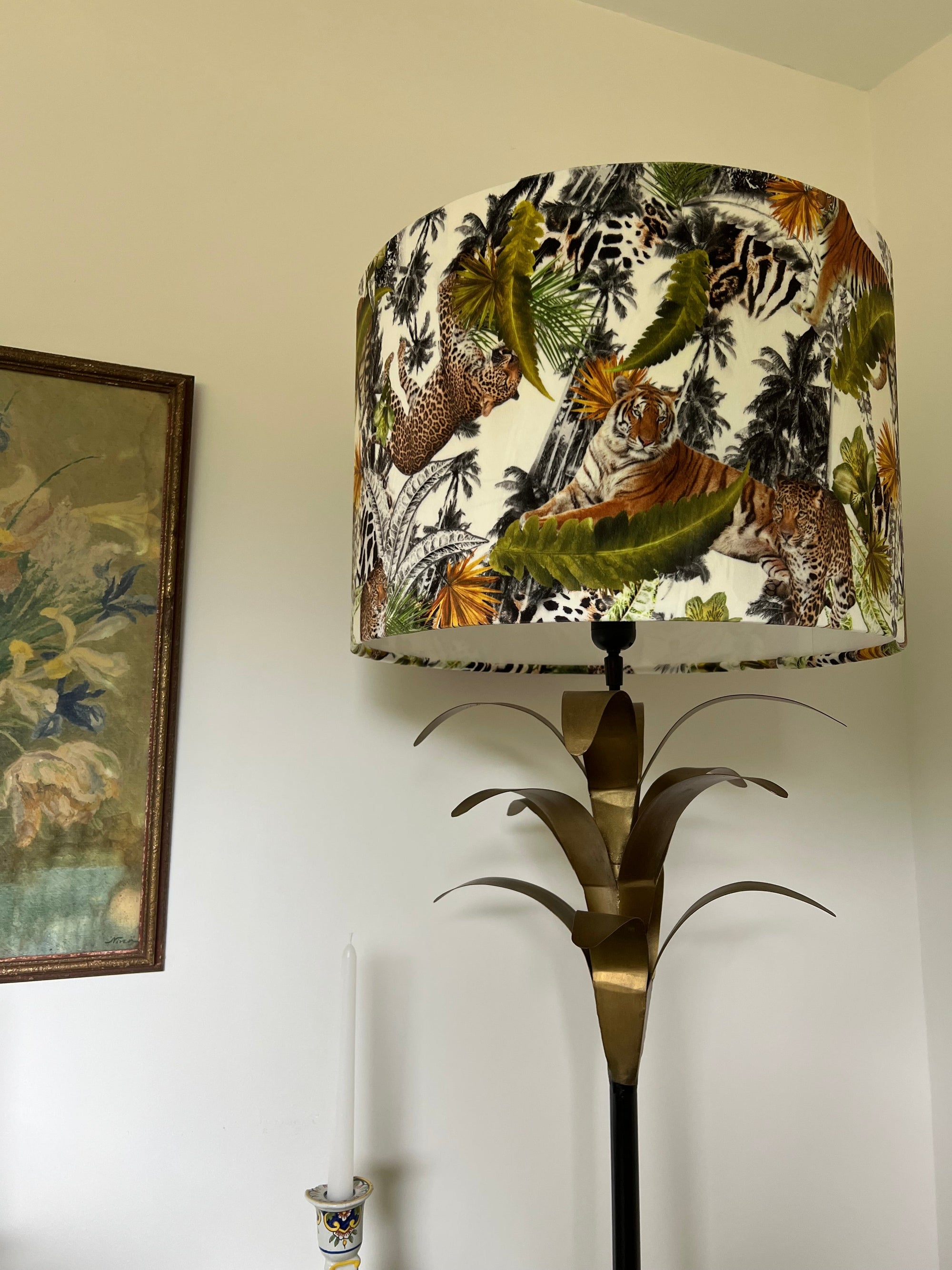 Tiger cheetah jungle velvet drum lampshade / ceiling shade, with a white lining