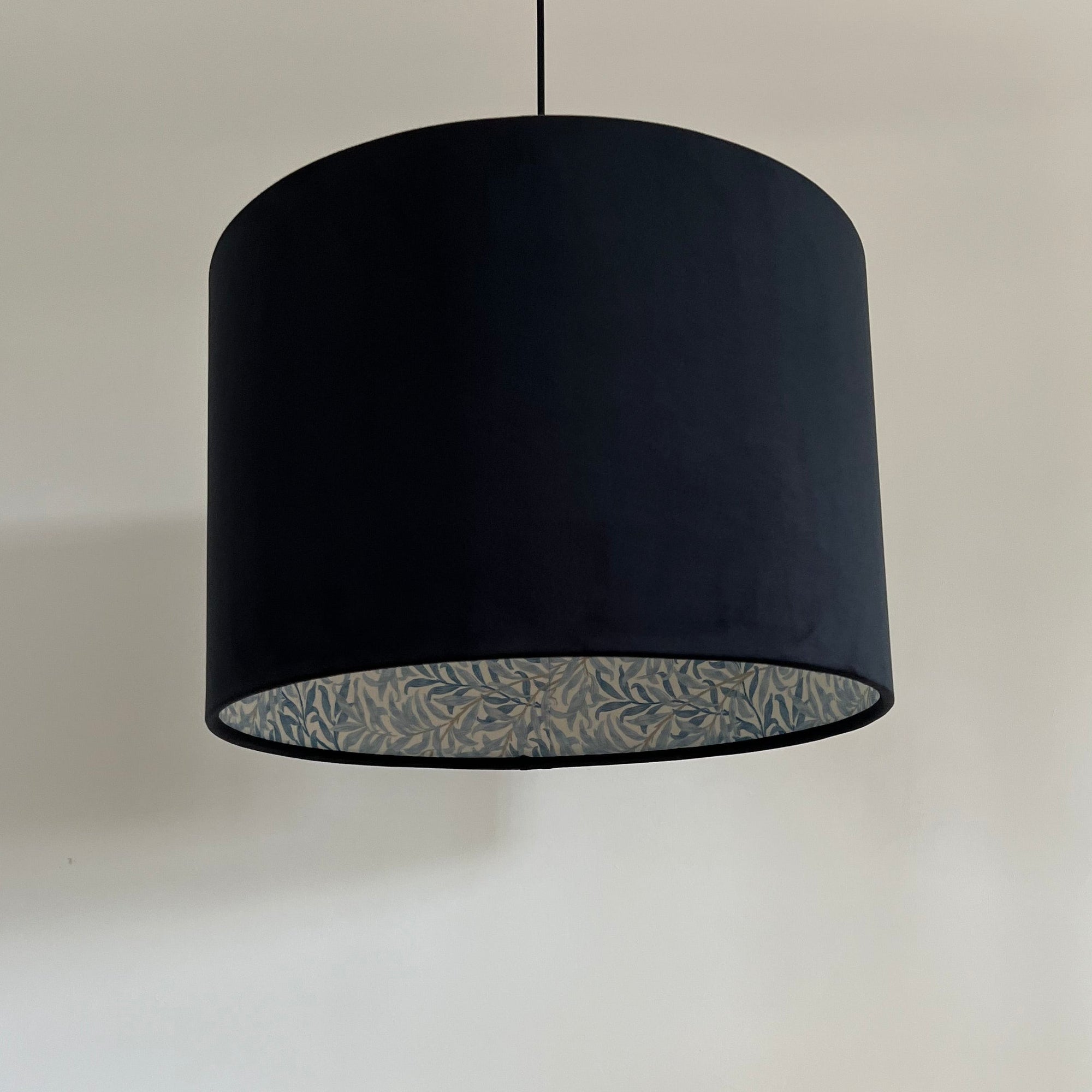 Black Velvet &amp; William Morris Blue Willow Leaves Double Sided Drum Lampshade | Handmade Ceiling Light Shade | Bespoke UK