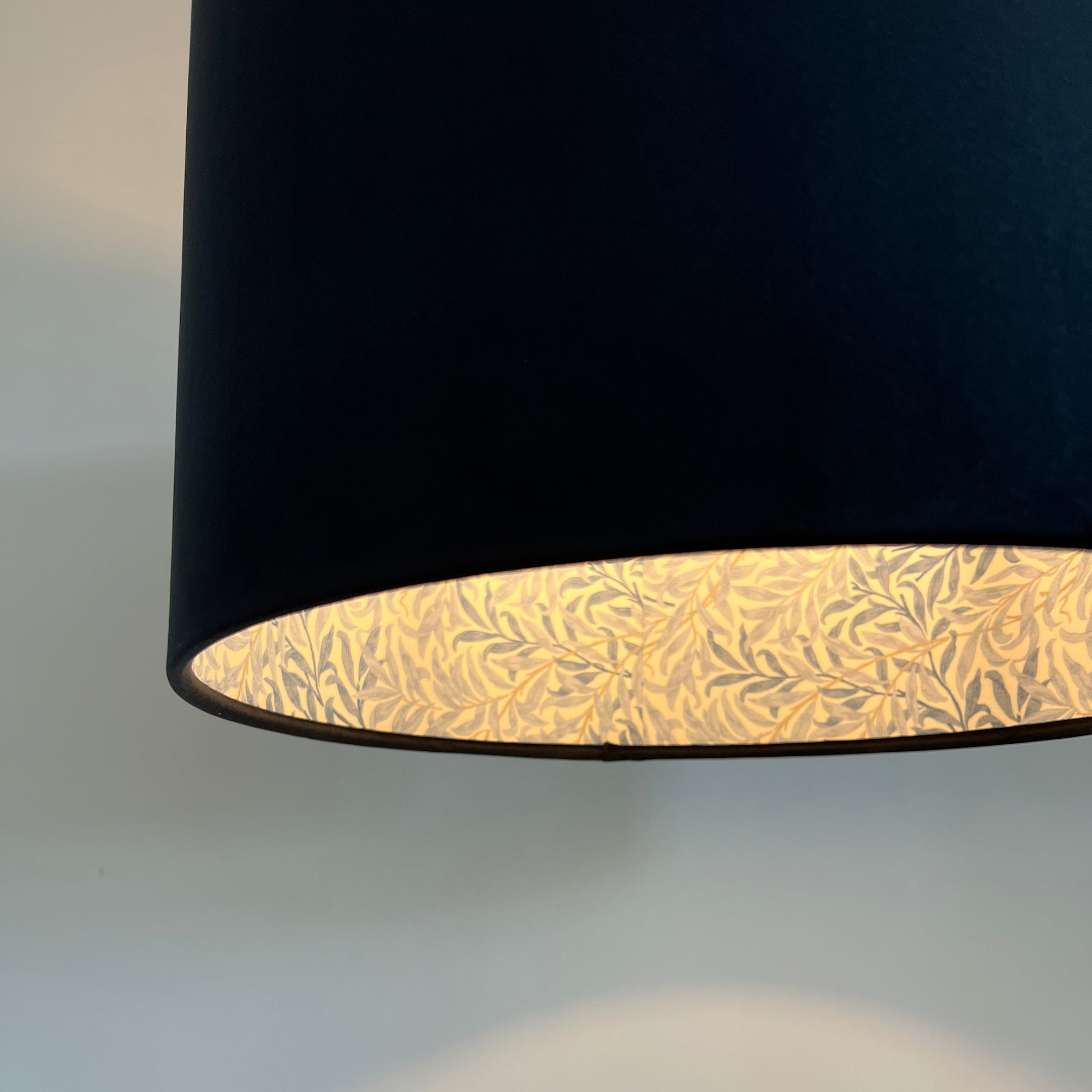 Black Velvet &amp; William Morris Blue Willow Leaves Double Sided Drum Lampshade | Handmade Ceiling Light Shade | Bespoke UK