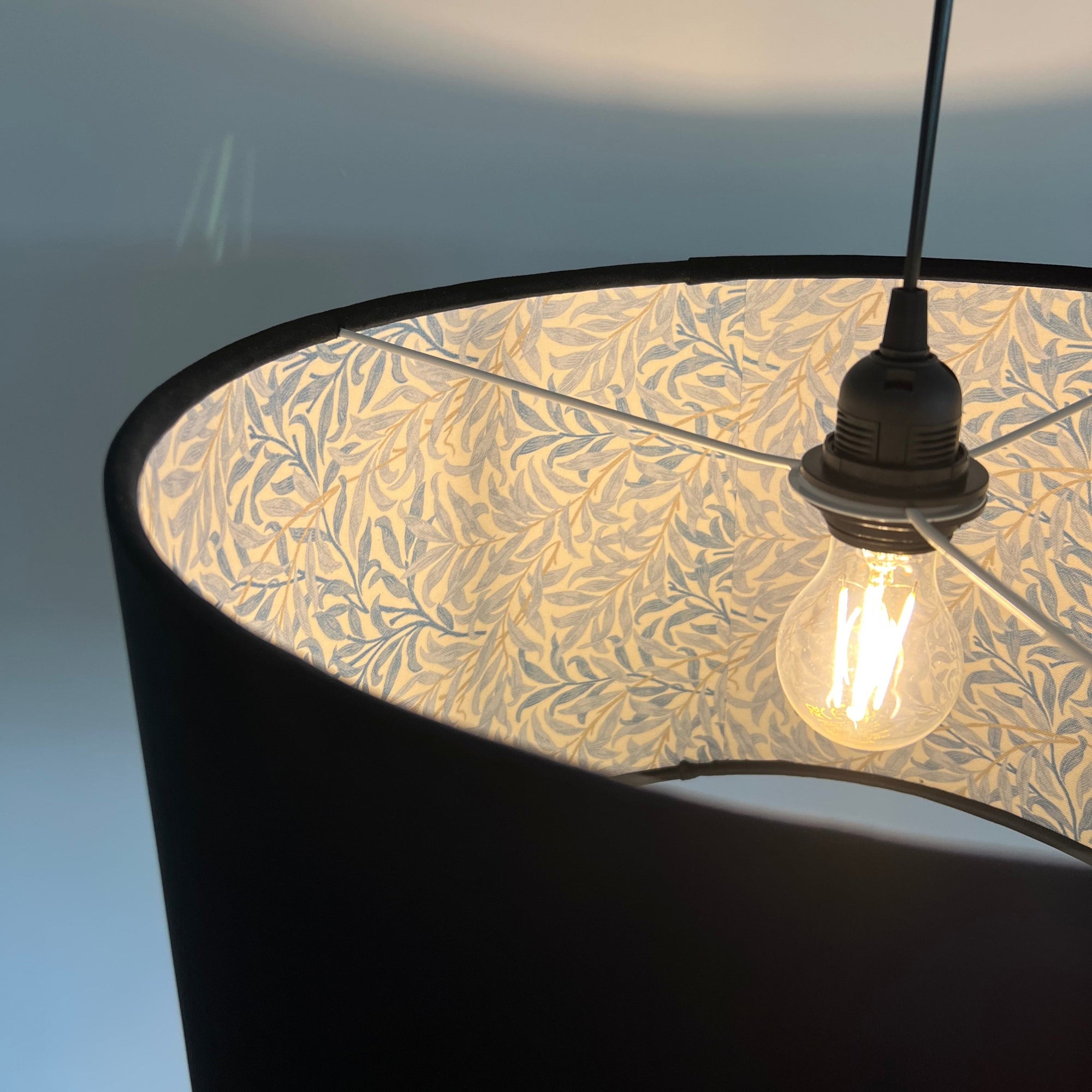 Black Velvet &amp; William Morris Blue Willow Leaves Double Sided Drum Lampshade | Handmade Ceiling Light Shade | Bespoke UK