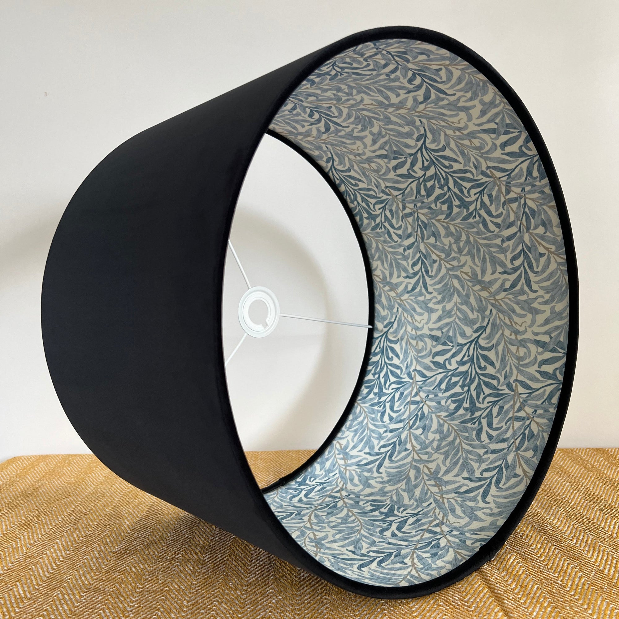 Black Velvet &amp; William Morris Blue Willow Leaves Double Sided Drum Lampshade | Handmade Ceiling Light Shade | Bespoke UK