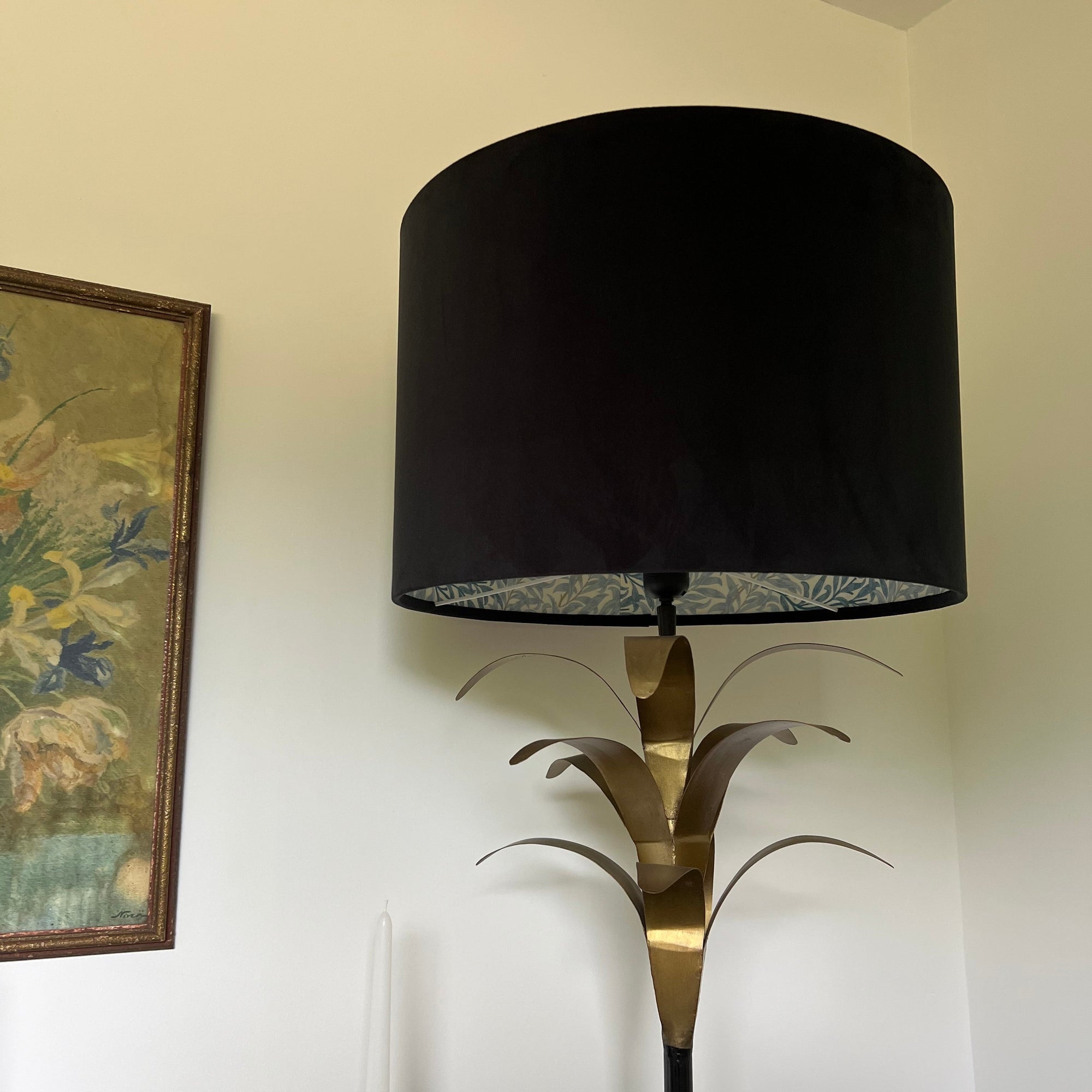 Black Velvet &amp; William Morris Blue Willow Leaves Double Sided Drum Lampshade | Handmade Ceiling Light Shade | Bespoke UK