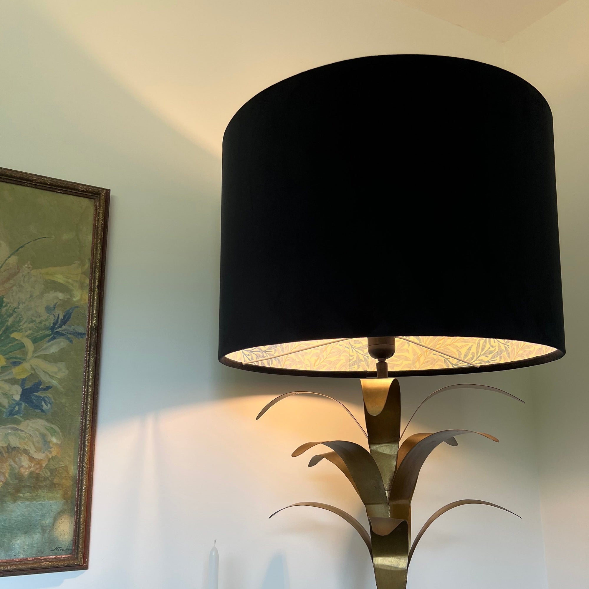 Black Velvet &amp; William Morris Blue Willow Leaves Double Sided Drum Lampshade | Handmade Ceiling Light Shade | Bespoke UK