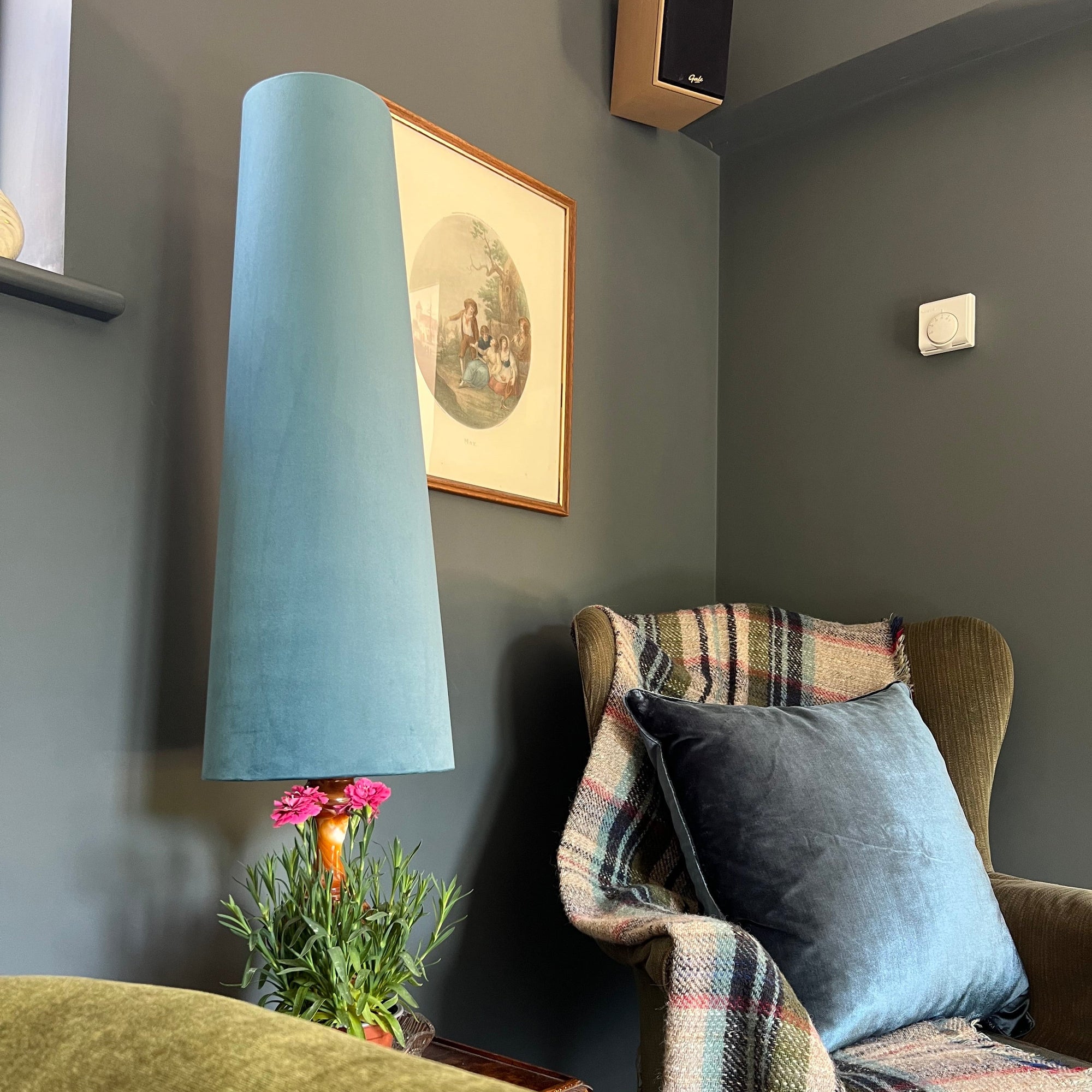 Teal Blue Velvet Lampshade | Extra Tall Cone Light Shade | Bespoke Handmade UK