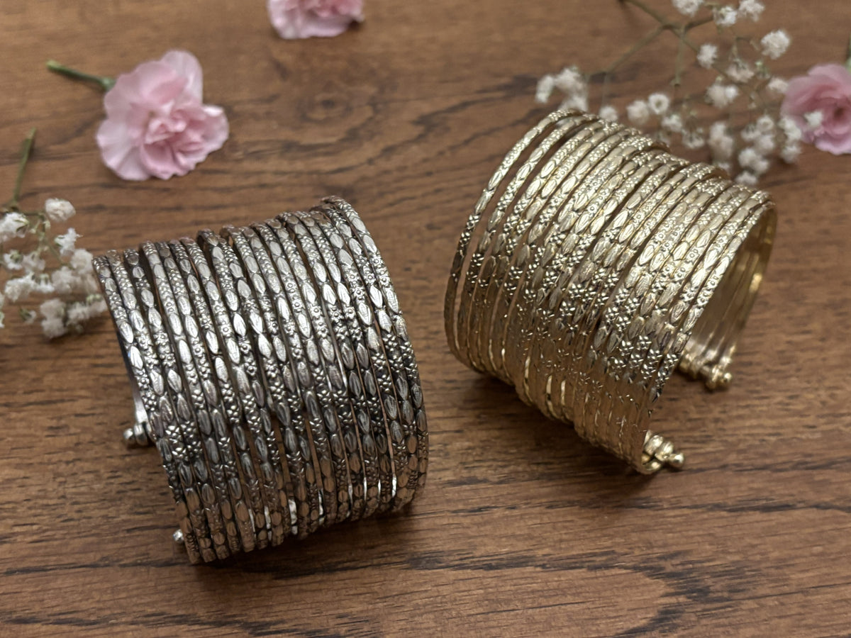 Hammered Gold/Silver Finish Stack Cuff – Adjustable Brass Bangles Set.