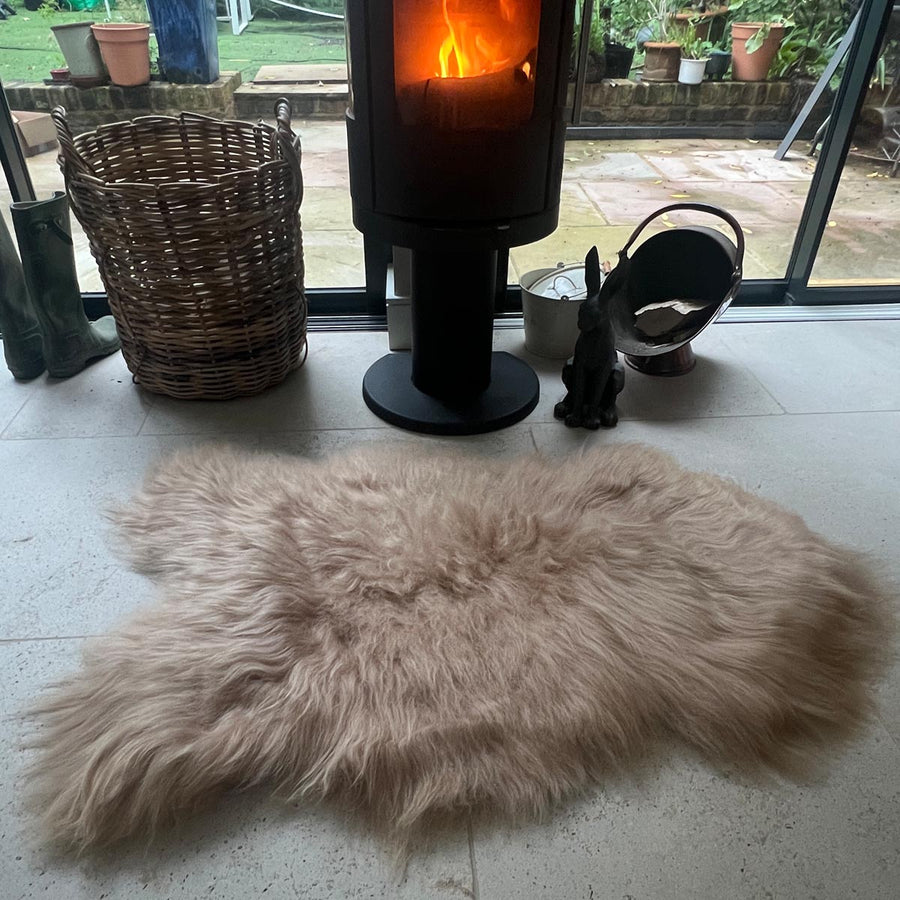 Luxury honey gold Icelandic sheepskin rug, premium longhair hide, stylish Scandinavian home decor, sustainable and handcrafted by Wildash London at brixbailey.com
