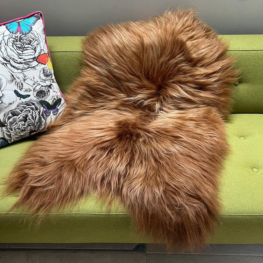 Luxury Icelandic Bronze Russet Sheepskin Hide, premium handcrafted eco-dyed brown fur rug, stylish natural ombre throw for home decor by Wildash London at brixbailey.com