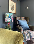Peacock floral velvet in duck-egg, drum lampshade / ceiling shade, with a white lining