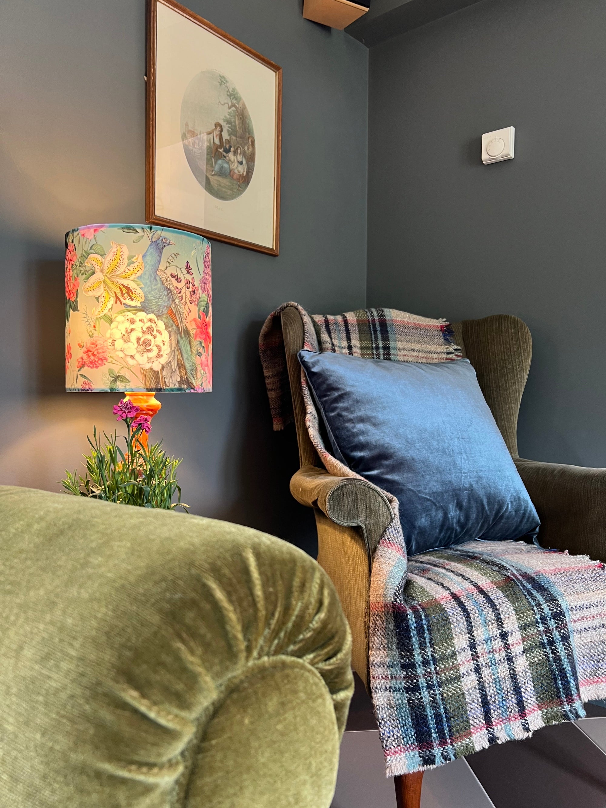 Peacock floral velvet in duck-egg, drum lampshade / ceiling shade, with a white lining