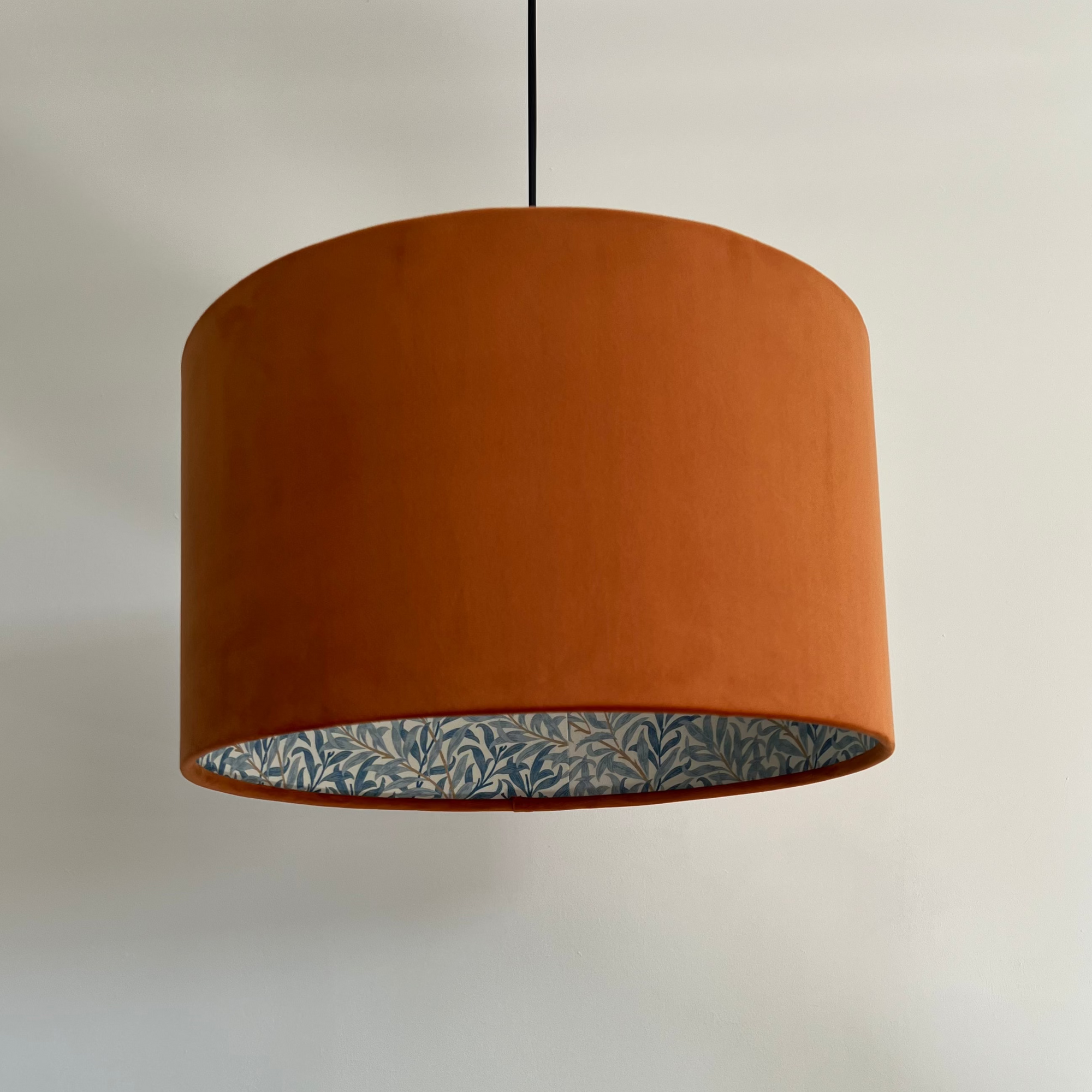 Burnt Orange Velvet &amp; William Morris Blue Willow Leaves Double Sided Drum Lampshade | Handmade Ceiling Light Shade | Bespoke UK