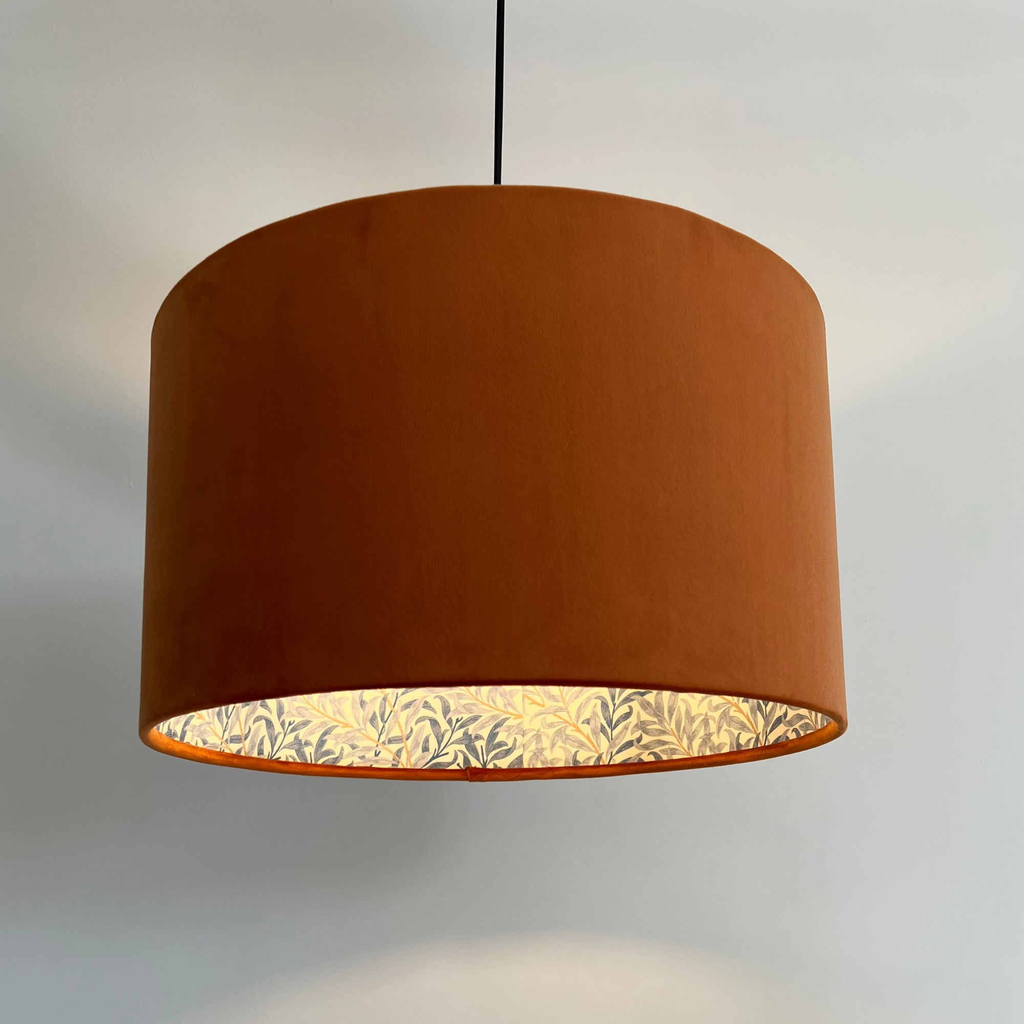Burnt Orange Velvet &amp; William Morris Blue Willow Leaves Double Sided Drum Lampshade | Handmade Ceiling Light Shade | Bespoke UK