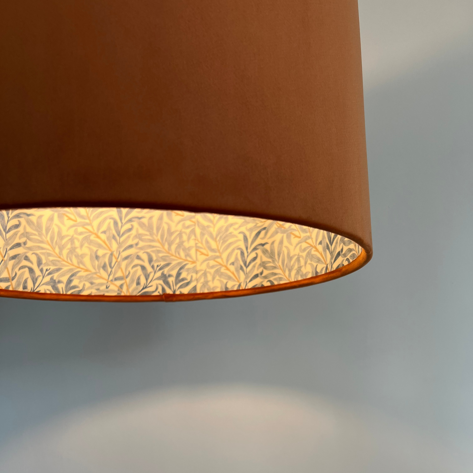 Burnt Orange Velvet &amp; William Morris Blue Willow Leaves Double Sided Drum Lampshade | Handmade Ceiling Light Shade | Bespoke UK