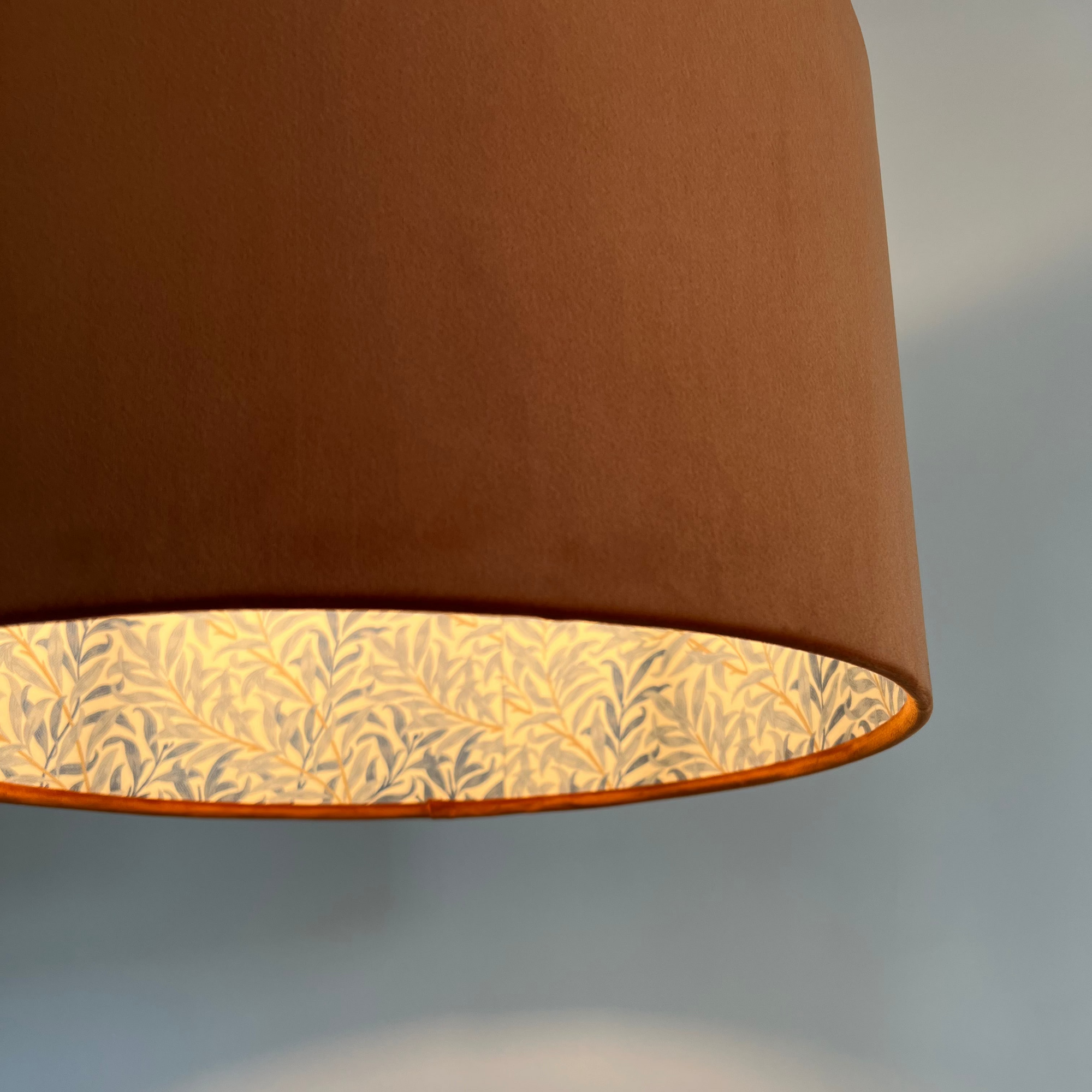 Burnt Orange Velvet &amp; William Morris Blue Willow Leaves Double Sided Drum Lampshade | Handmade Ceiling Light Shade | Bespoke UK