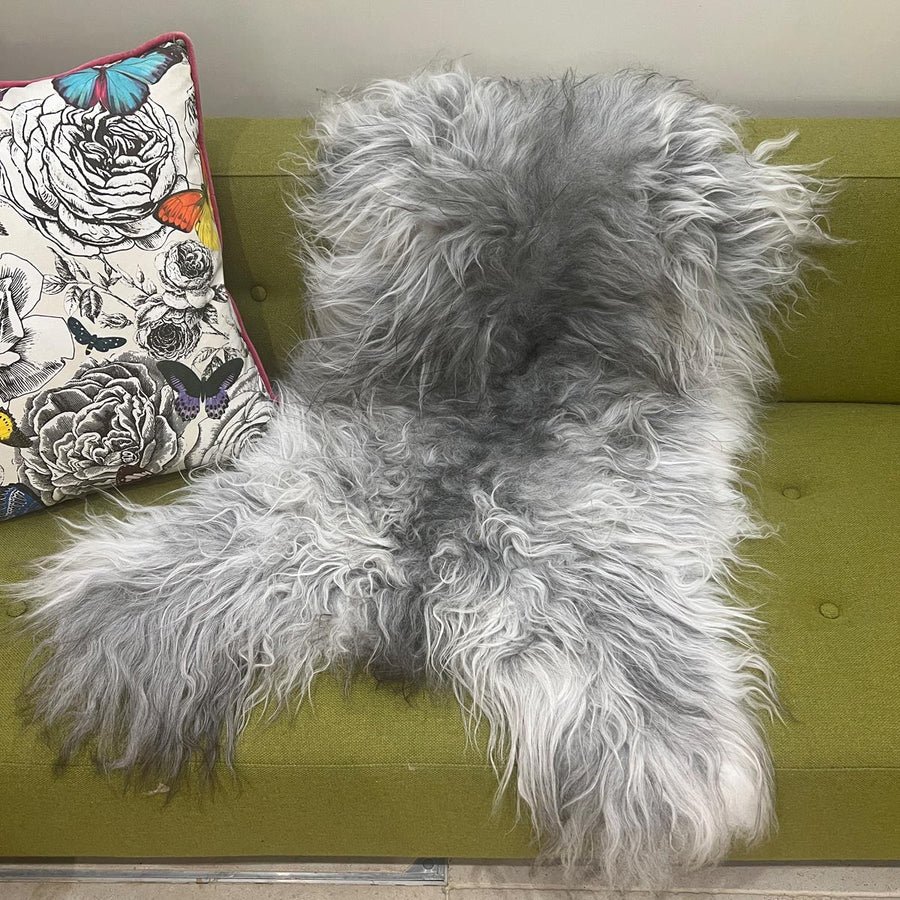 Luxury Icelandic natural grey sheepskin, premium large undyed longhair fleece, sustainably tanned, soft high-quality fur, best-selling home decor by Wildash London at brixbailey.com
