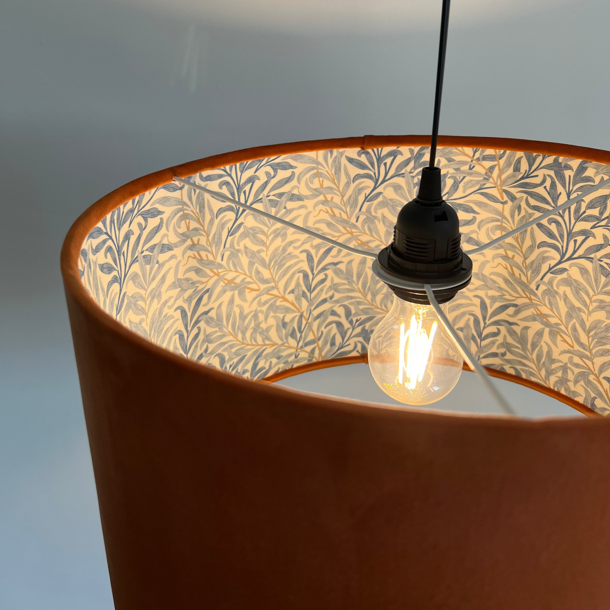 Burnt Orange Velvet &amp; William Morris Blue Willow Leaves Double Sided Drum Lampshade | Handmade Ceiling Light Shade | Bespoke UK
