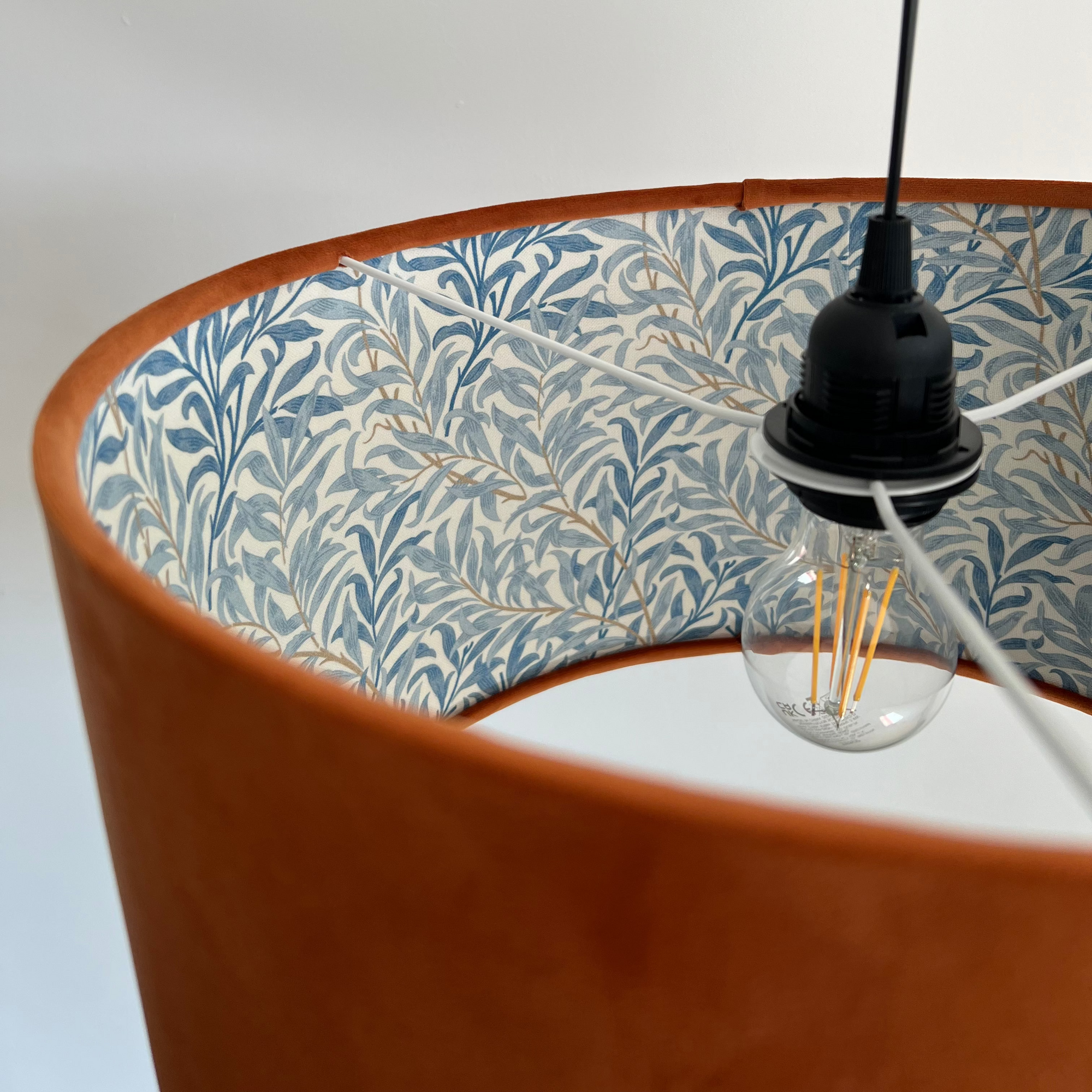 Burnt Orange Velvet &amp; William Morris Blue Willow Leaves Double Sided Drum Lampshade | Handmade Ceiling Light Shade | Bespoke UK