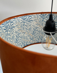 Burnt Orange Velvet & William Morris Blue Willow Leaves Double Sided Drum Lampshade | Handmade Ceiling Light Shade | Bespoke UK