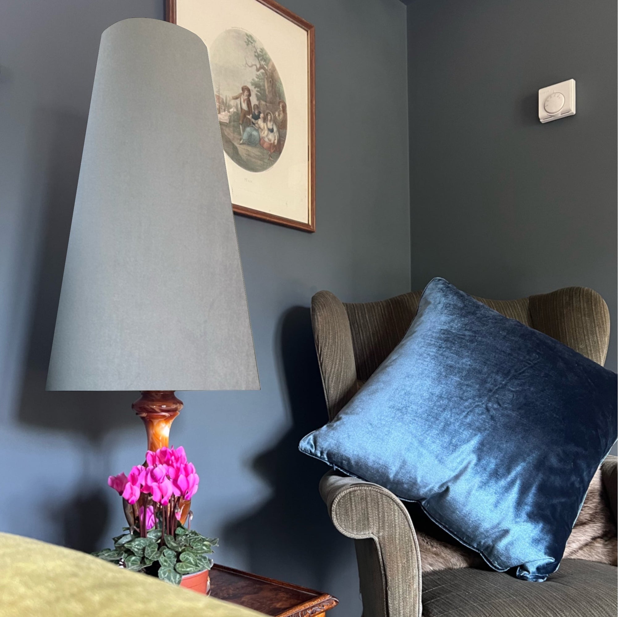 Grey Velvet Lampshade | Extra Tall Cone Light Shade | Bespoke Handmade UK