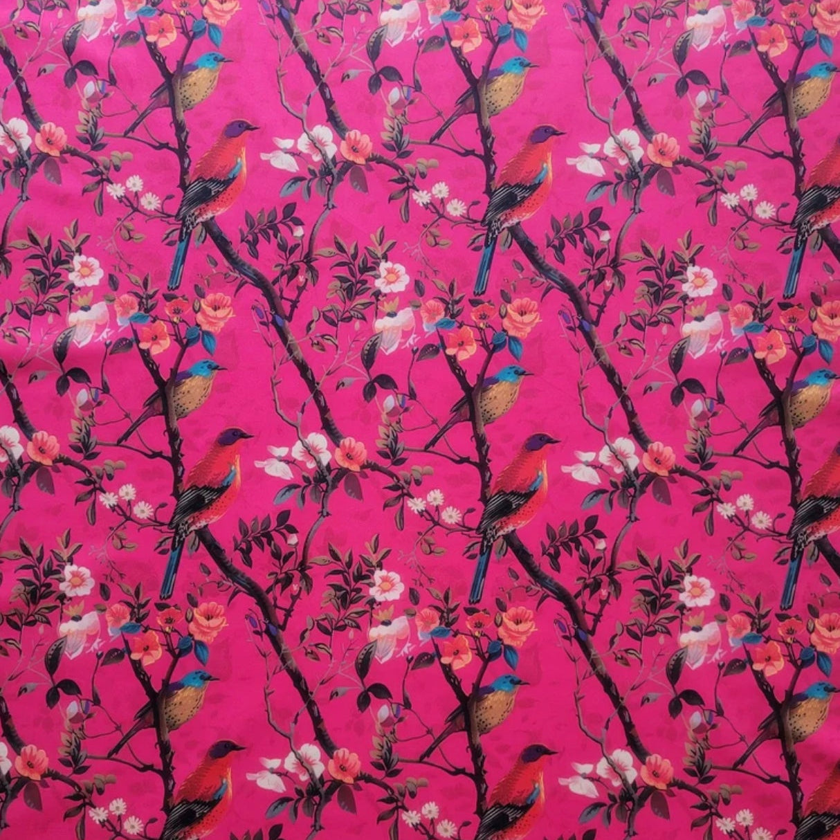Hot Pink Birds Velvet Lampshade | Extra Tall Cylinder Ceiling Light Shade | Bespoke Handmade UK