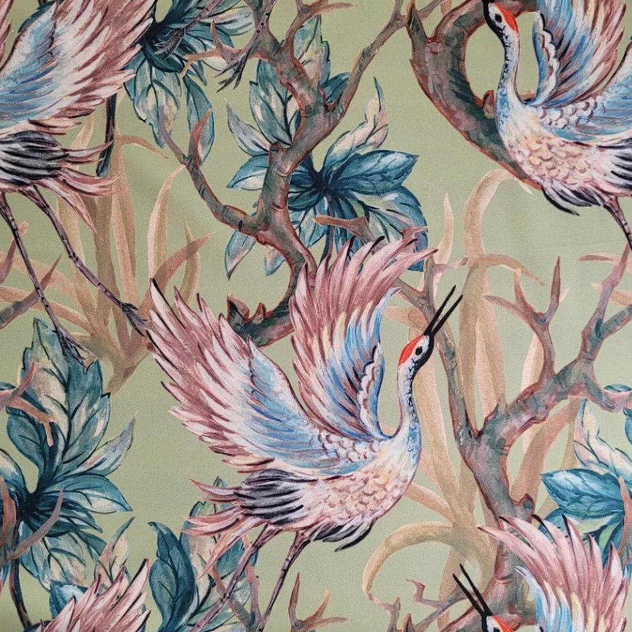 Crane Birds Velvet Lampshade | Extra Tall Cylinder Ceiling Light Shade | Bespoke Handmade UK