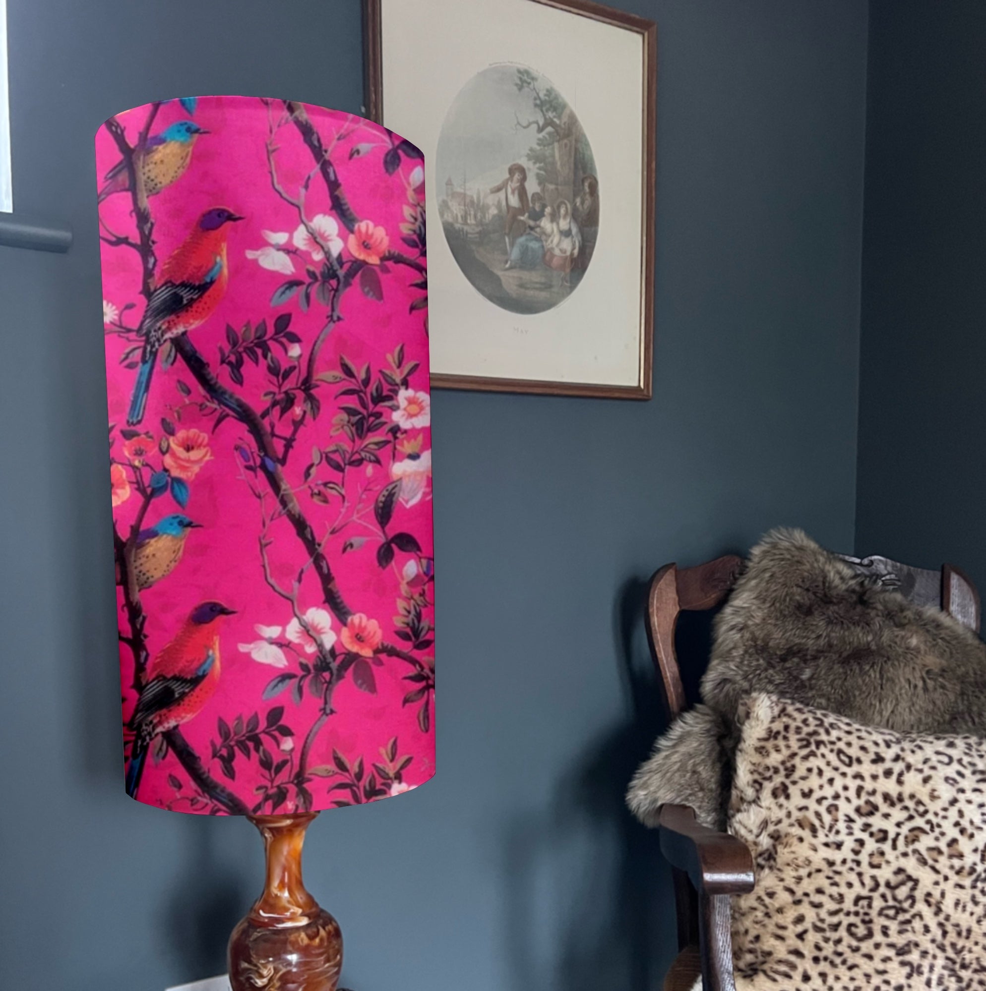 Hot Pink Birds Velvet Lampshade | Extra Tall Cylinder Ceiling Light Shade | Bespoke Handmade UK