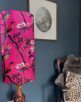 Hot Pink Birds Velvet Lampshade | Extra Tall Cylinder Ceiling Light Shade | Bespoke Handmade UK