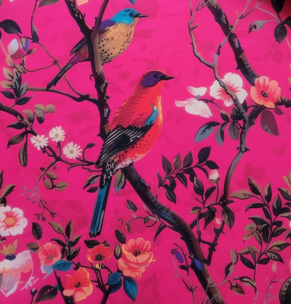 Hot Pink Birds Velvet Lampshade | Extra Tall Cylinder Ceiling Light Shade | Bespoke Handmade UK