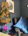 Jungle monkey cotton cone lampshade, in mustard, extra tall lampshade