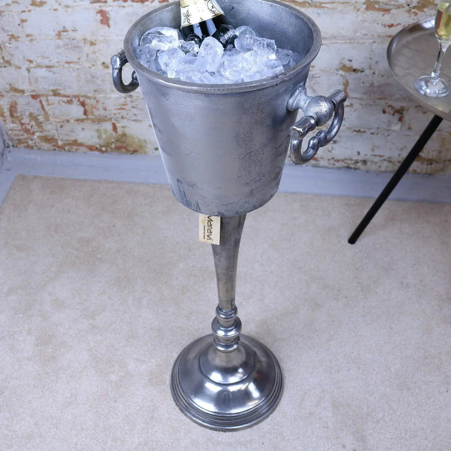 Luxury vintage floor standing champagne ice bucket, elegant distressed silver aluminum, stylish for bars restaurants events by Maravi at brixbailey.com