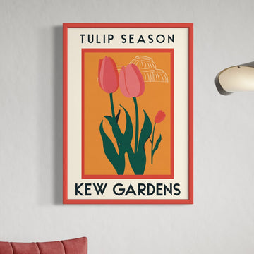 Luxury Kew Gardens tulip season travel poster, premium mid-century inspired artwork, vibrant A5 to A0 prints, framed options available by Little Egret Design at brixbailey.com