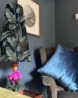 Navy leaves Velvet cone lampshade, extra tall lampshade