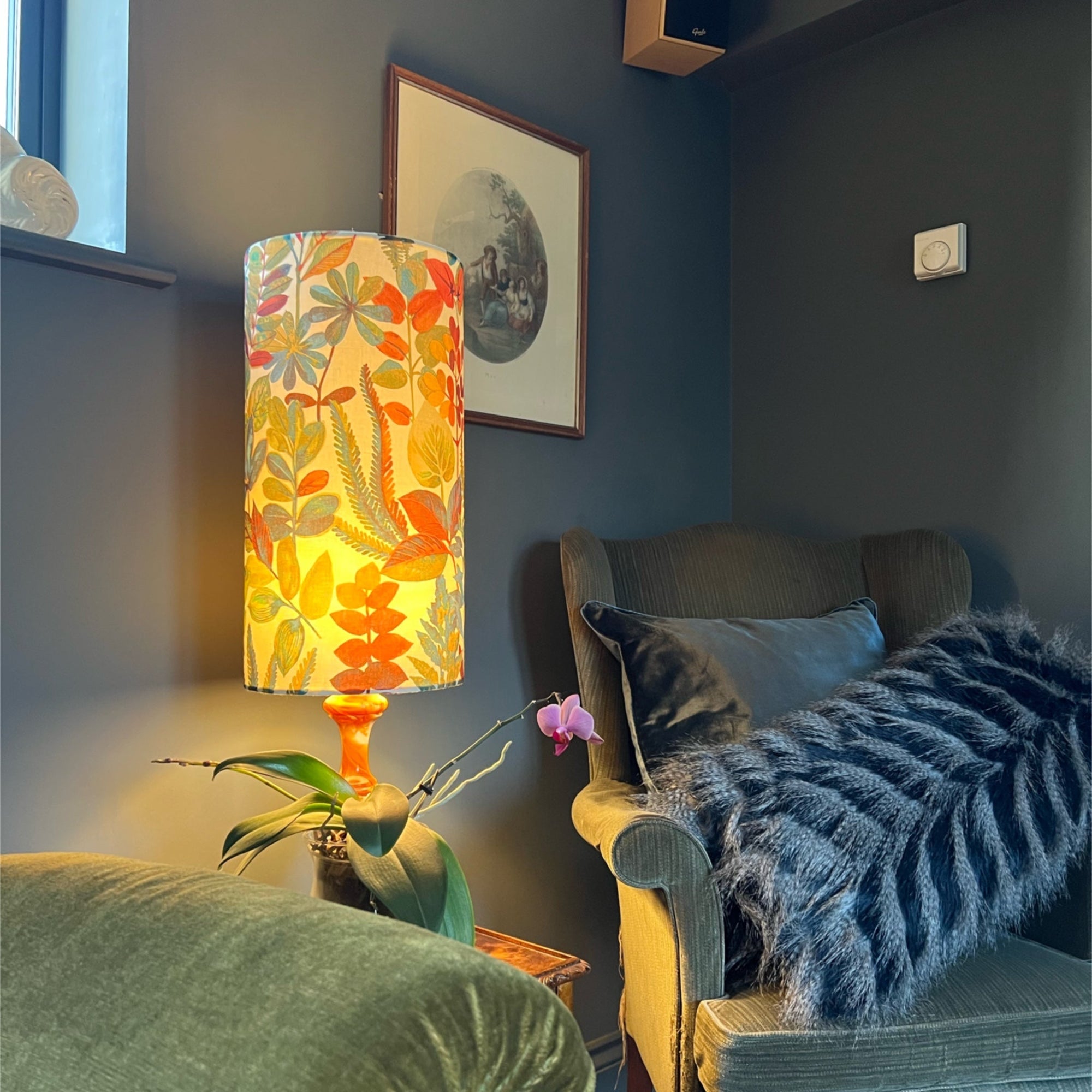 Autumn Leaves Cotton Lampshade | Extra Tall Cylinder Ceiling Light Shade | Bespoke Handmade UK