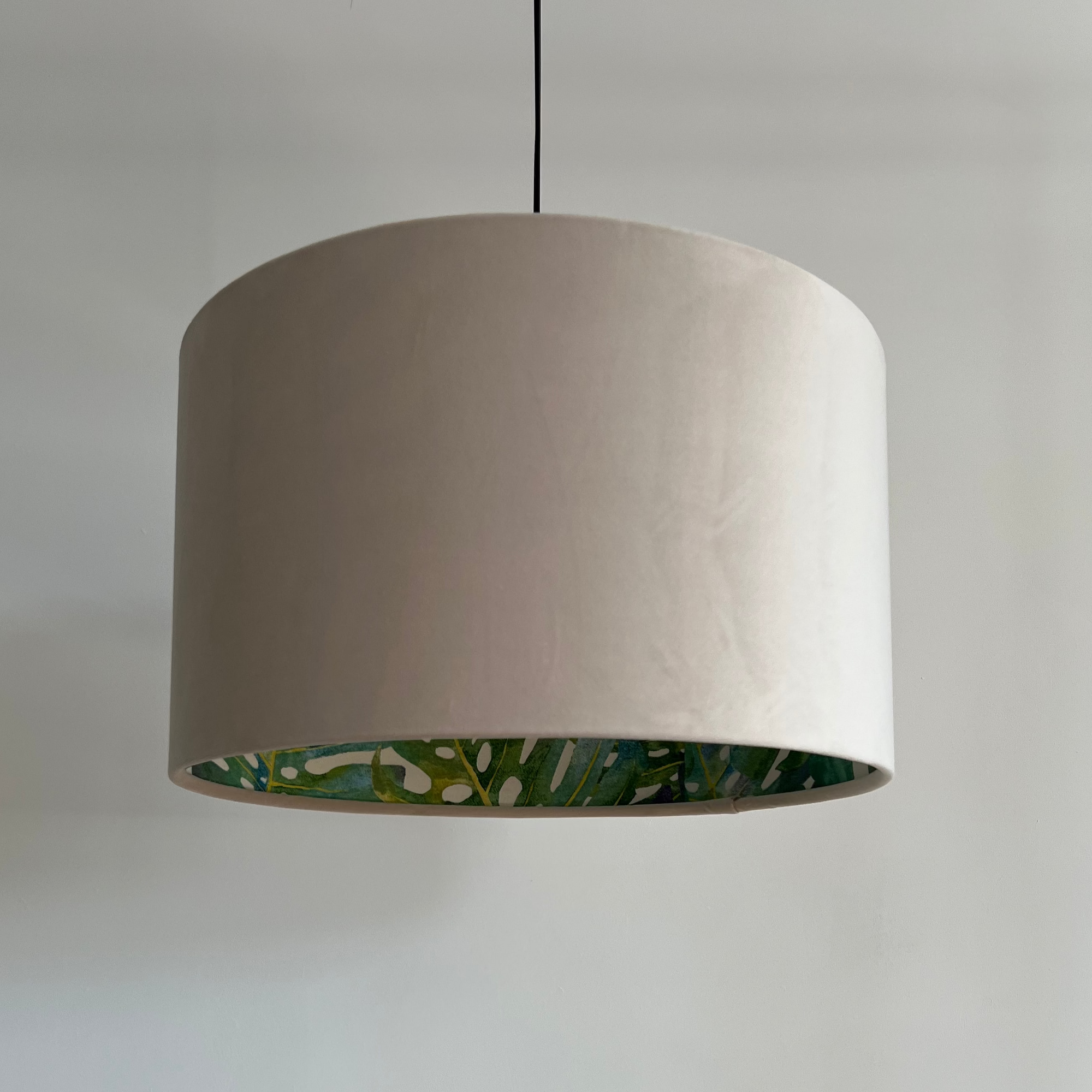 Cream Velvet &amp; Leaves Double Sided Drum Lampshade | Handmade Ceiling Light Shade | Bespoke UK