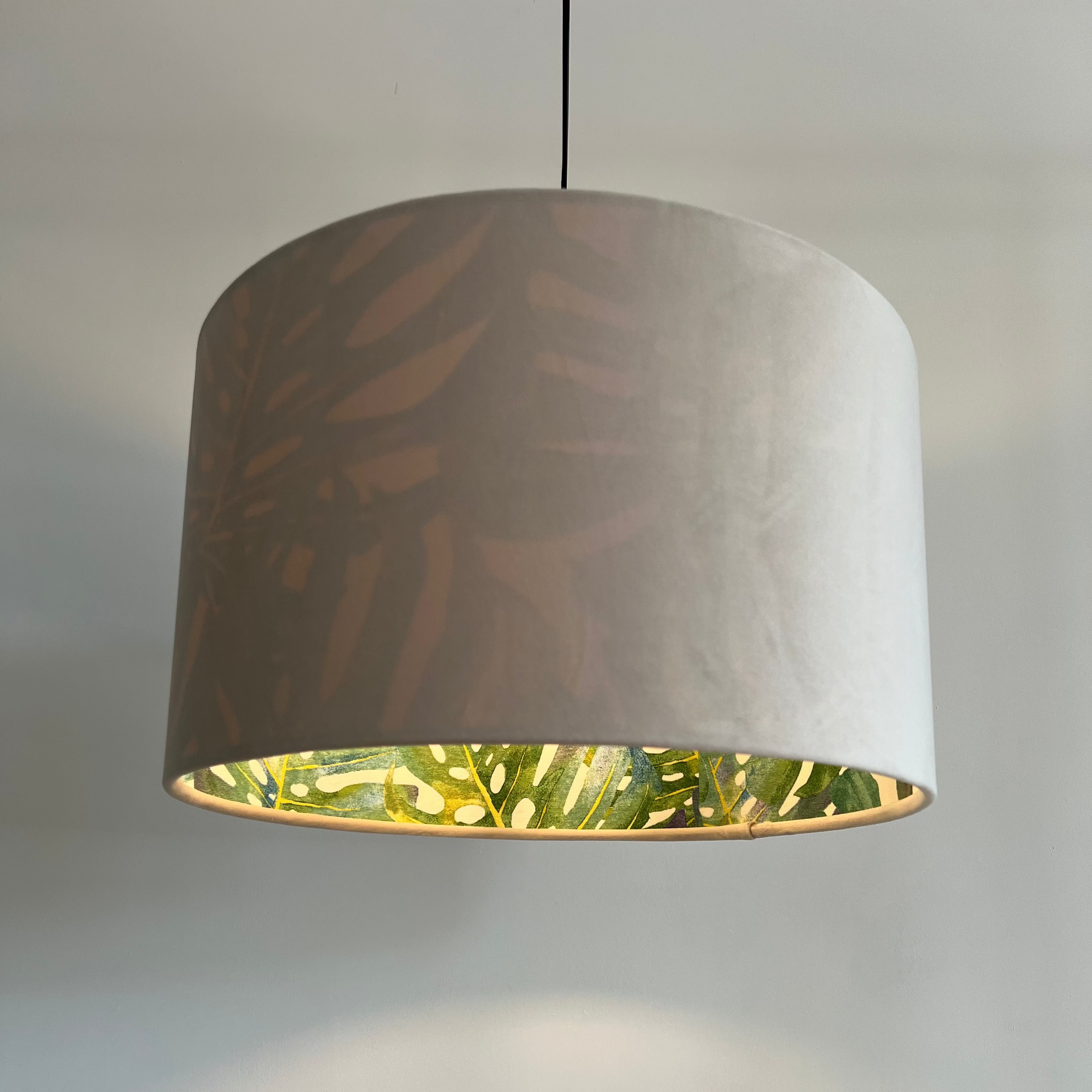 Cream Velvet &amp; Leaves Double Sided Drum Lampshade | Handmade Ceiling Light Shade | Bespoke UK