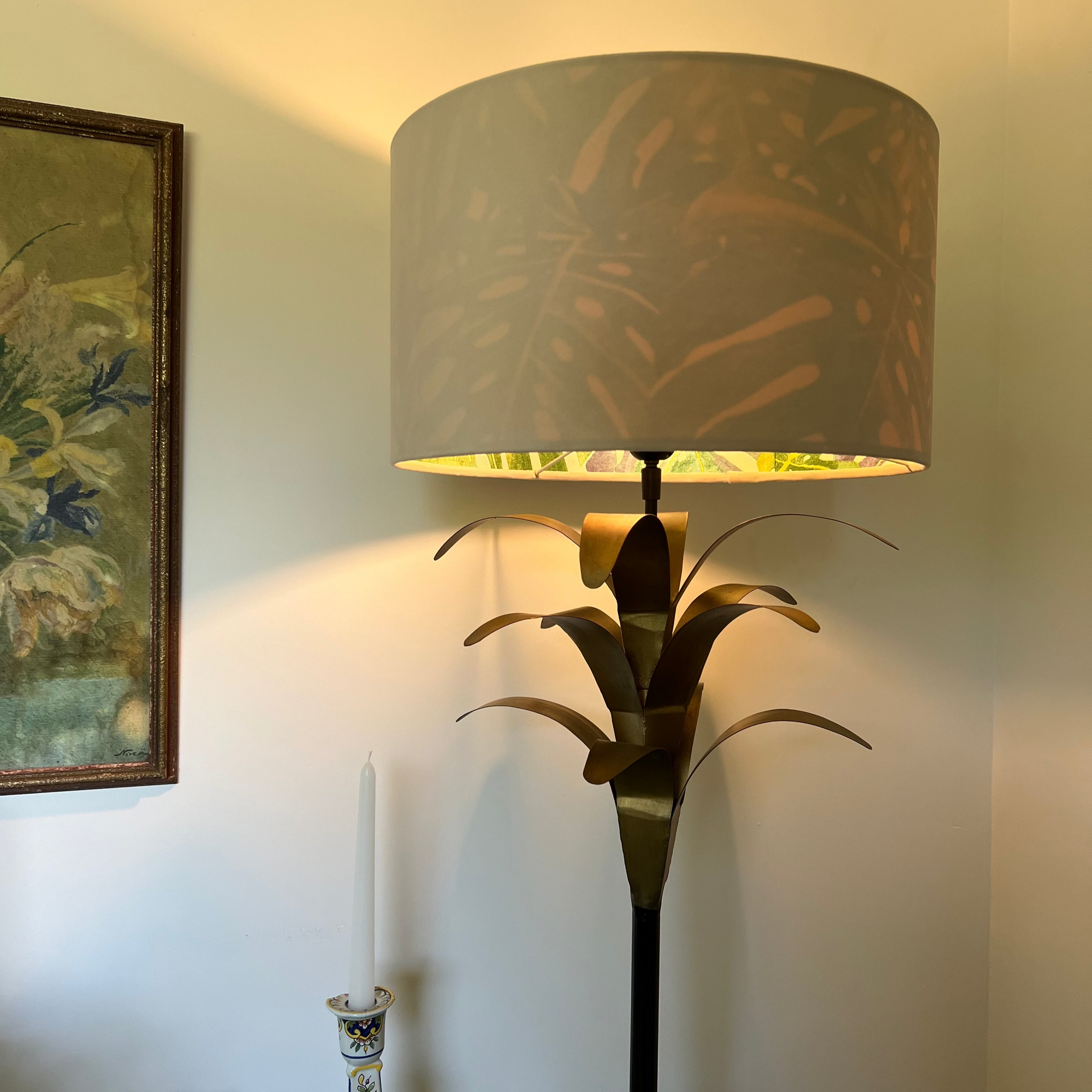 Cream Velvet &amp; Leaves Double Sided Drum Lampshade | Handmade Ceiling Light Shade | Bespoke UK