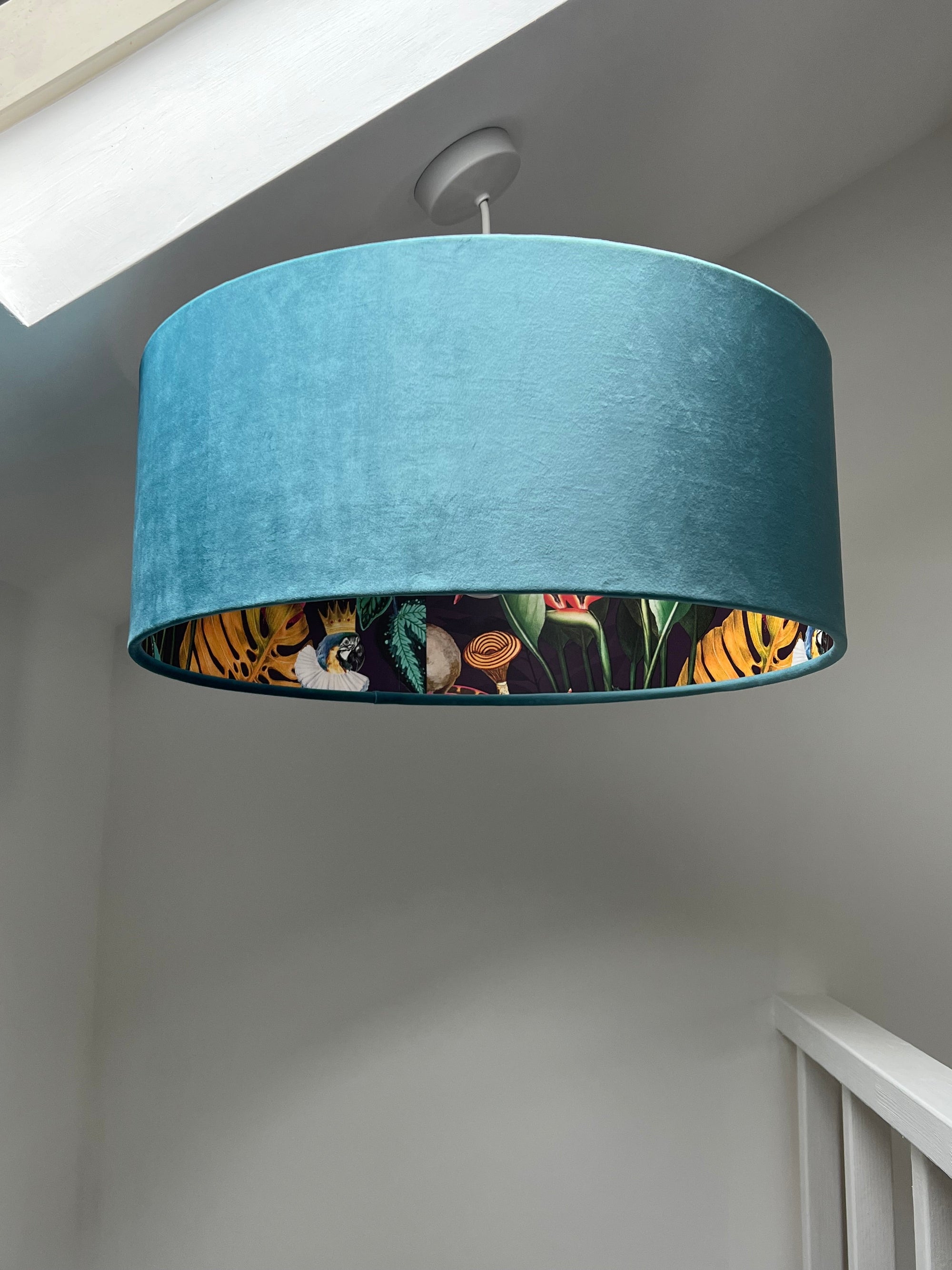 Teal velvet wonderland drum lampshade, double sided lampshade with wonderland paper interior