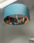 Teal velvet wonderland drum lampshade, double sided lampshade with wonderland paper interior