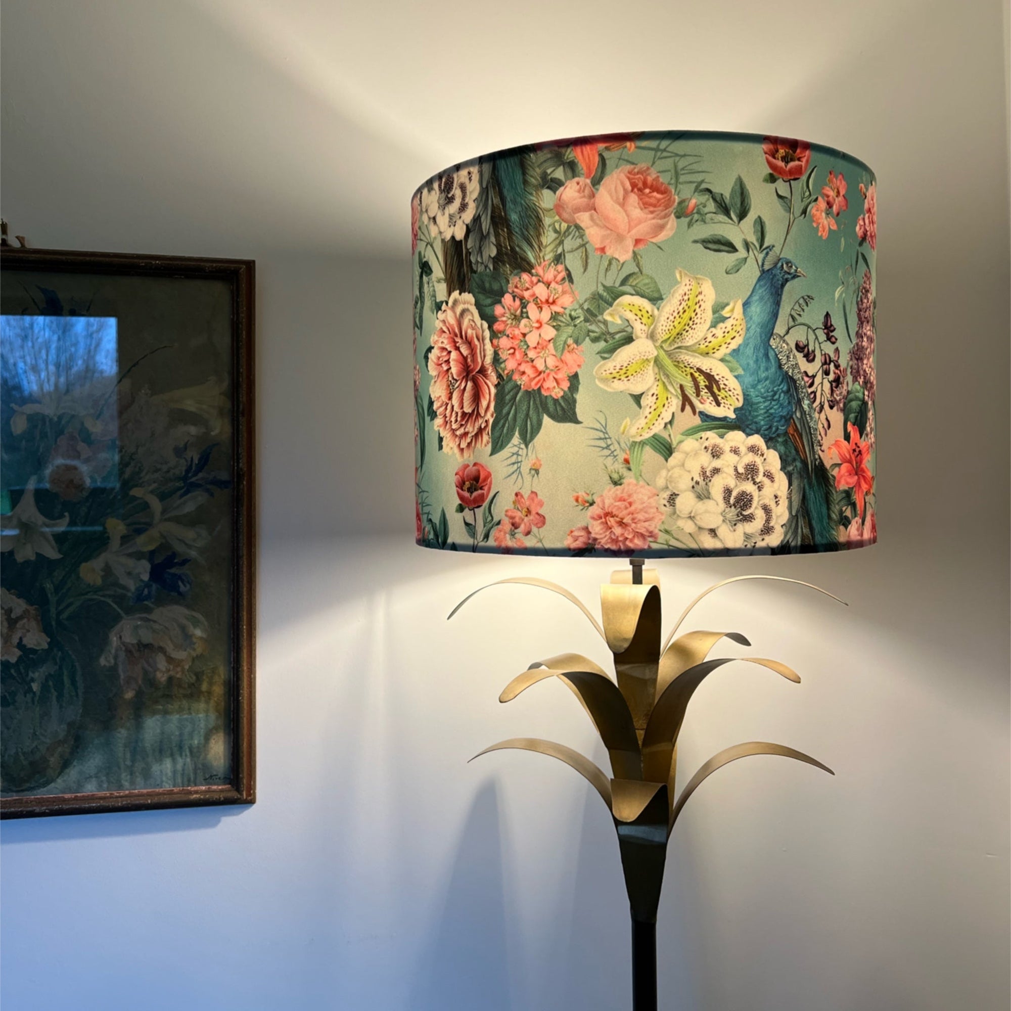 Peacock floral velvet in duck-egg, drum lampshade / ceiling shade, with a white lining