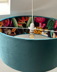 Teal velvet wonderland drum lampshade, double sided lampshade with wonderland paper interior