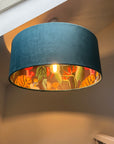 Teal velvet wonderland drum lampshade, double sided lampshade with wonderland paper interior