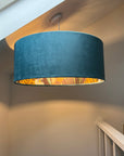 Teal velvet wonderland drum lampshade, double sided lampshade with wonderland paper interior