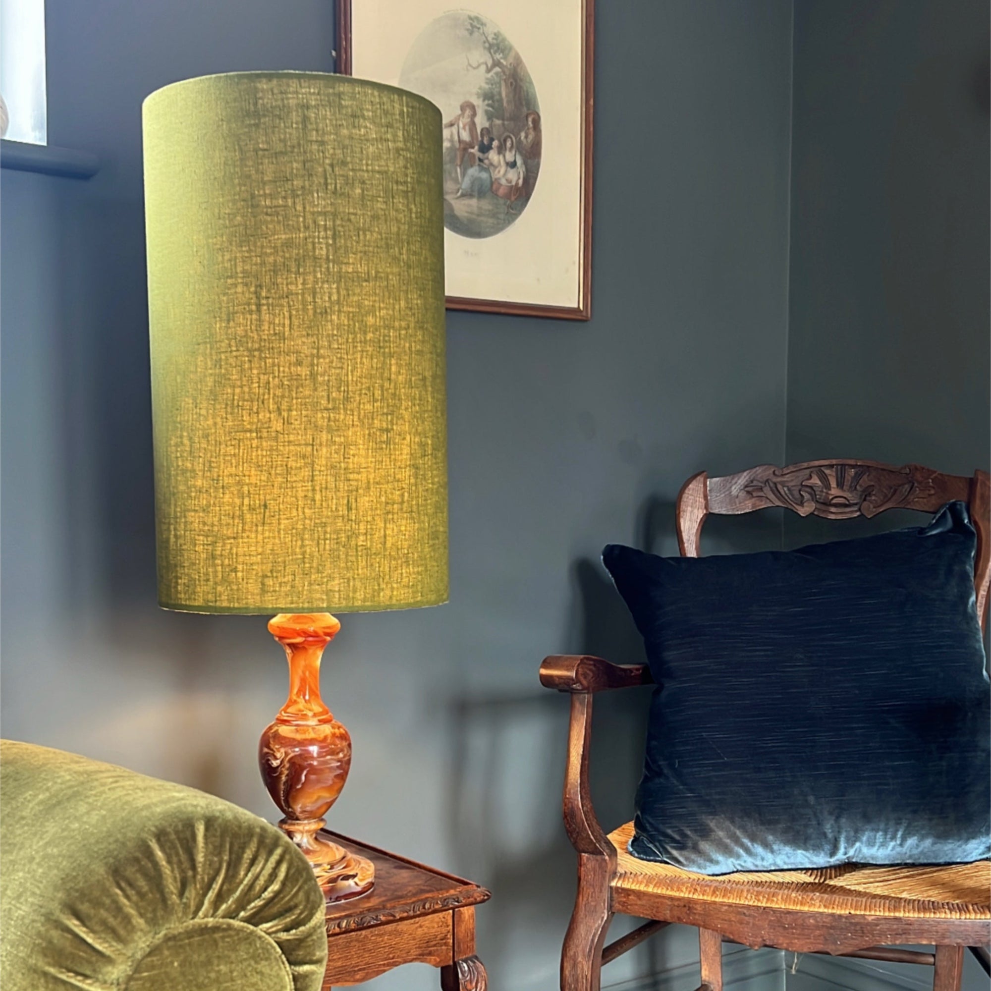 Olive Linen Lampshade | Extra Tall Cylinder Ceiling Light Shade | Bespoke Handmade UK